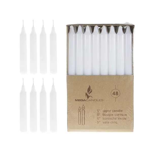 Mega Candles 48 pcs Unscented White Straight Taper Candle, Hand Poured Wax Candles 5 Inch x 3/4 Inch, Home Décor, Wedding Receptions, Baby Showers, Birthdays, Celebrations, Party Favors & More - 48 5" Straight Taper