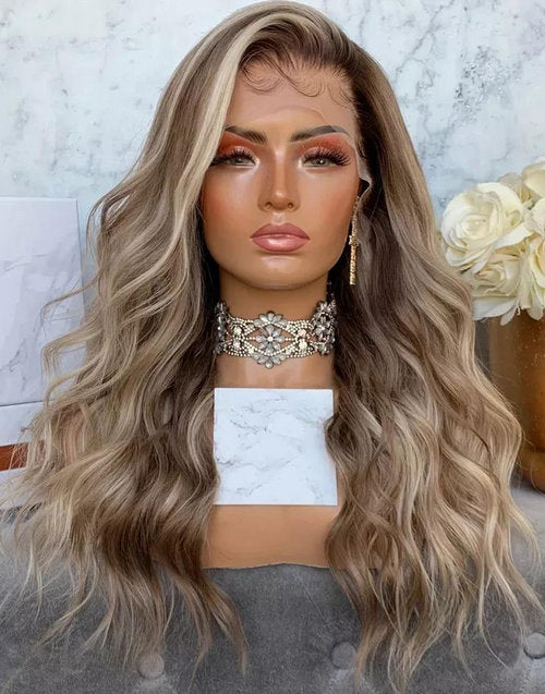 Highlight Blonde Wavy Human Hair Wig With Dark Roots Body Wave Lace Front Wigs | 12 / 4x4 180%
