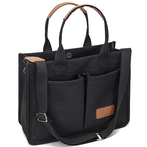 ZHMO Large Canvas Tote Bag for Women With Pockets,Laptop Crossbody Purses Everything Everyday Bag Handbags for Work Beach Gym - Canvs Demure Black