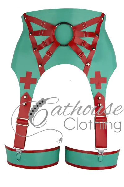 Latex Clinic Goddess Suspender belt | Small/medium / Jade green & red / With leg straps