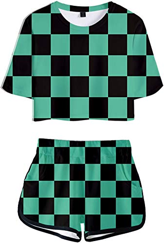 Roffatide Anime Demon Slayer Printed Crop Top Shorts 2 Piece Set Women Casual Wear Outfit - Kamado Tanjirou - XL