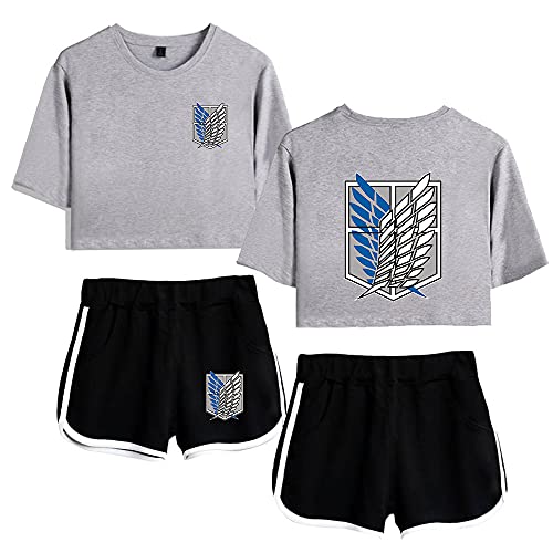 Women's Anime Attack On Titan Crop Top T-Shirts and Shorts Set AOT Tracksuit Suit for Girls and Women - L - 3.Grey+Black