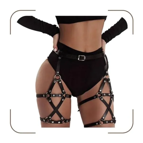GEMLIY Leather Waist Chain Punk Body Harness Black Leg Chain Rave Party Halloween Adjustable Leg Harness Belt Caged Body Accessory for Women and Girls