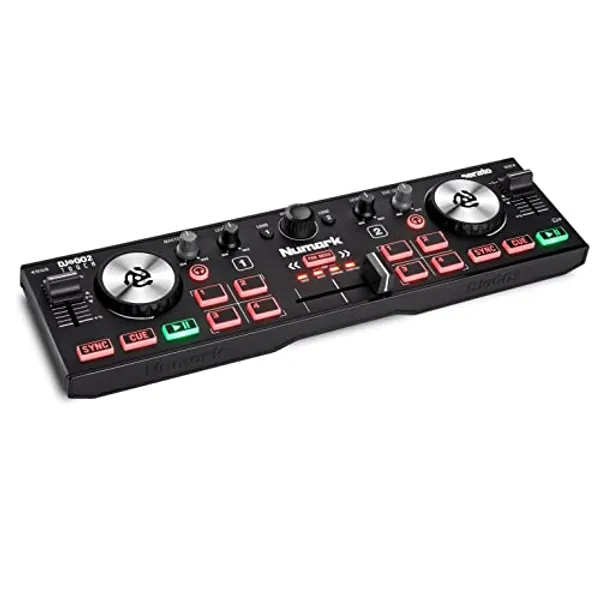 Numark DJ2GO2 Touch – Compact 2 Deck USB DJ Controller with Mixer / Crossfader, Audio Interface and Touch Capacitive Jog Wheels