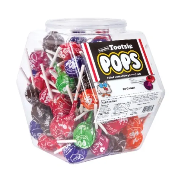 Tootsie Pops Variety Pack Bulk Candy | 90 Individually Wrapped Lollipops filled with Tootsie Rolls | Assorted Suckers Candies in Reusable Plastic Tub