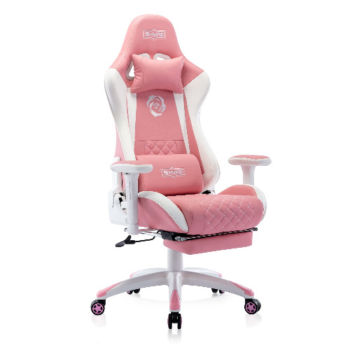 S*MAX Gaming Stuhl Pink mit Fußstütze Verdickter Sitz Gamer Stuhl mit 3D Armlehne Lendenwirbelstütze aus PU Leder Racing Style PC Stuhl Videospielstühle mit hoher Rückenlehne für Erwachsene Rosa