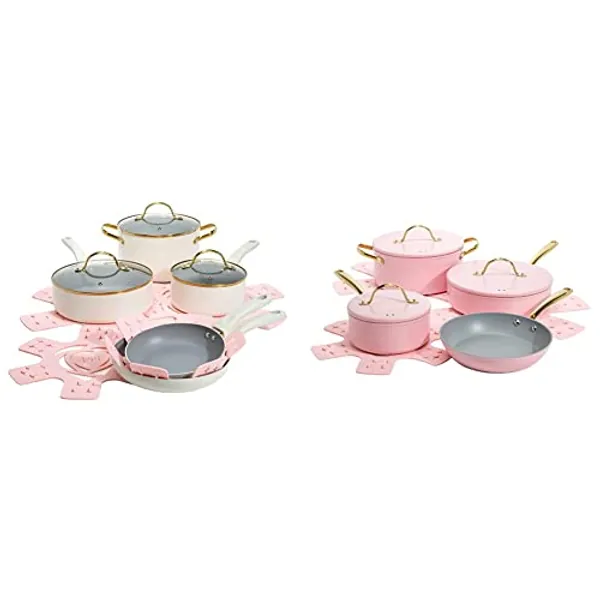 Paris Hilton Epic Nonstick Pots and Pans Set, Multi-layer Nonstick Coating, Tempered Glass Lids, 12-Piece & Iconic Nonstick Pots and Pans Set, Multi-layer Nonstick Coating, Matching Lids,Pink