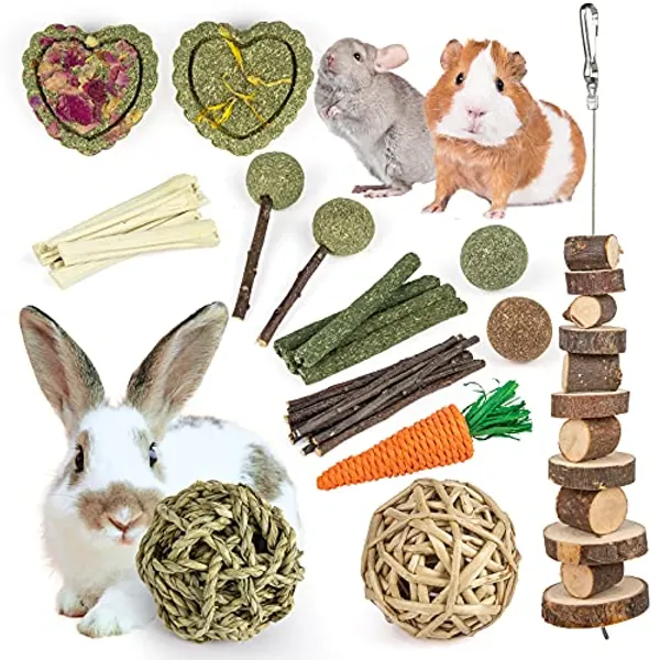 Sofier Rabbit Toys Bunny/Guinea Pig Toys Natural Timothy Hay Hamster Toys for Teeth Handmade Chews and Treats Apple Wood Sticks Chinchilla Rat