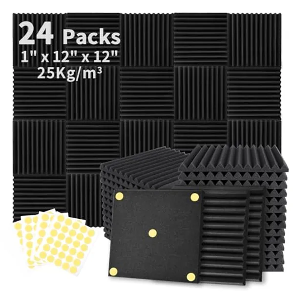 Focusound 24 Pack Acoustic Foam Panels 1" x 12" x 12" Sound Proof Foam Panles Soundproofing Noise Cancelling Wedge Panels for Home Office Recoding Studio with 240PCS Double-Side Adhesive