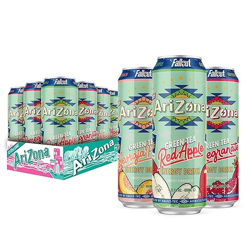 AriZona x Fallout Green Tea Energy Drink, 12pk 22 fl oz, Variety Pack - 3 Flavors, Red Apple Green Tea, Georgia Peach Green Tea, Pomegranate Green Tea - 234mg Natural Caffeine per Can - Variety Pack