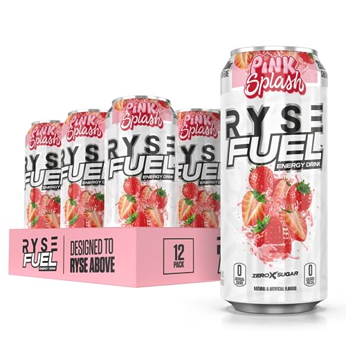 RYSE Fuel Sugar Free Energy Drink | Vegan Friendly, Gluten Free | No Fillers & No Artificial Colors | 0 Calories | 200mg Natural Caffeine | 12 Pack (Pink Splash) - Pink Splash