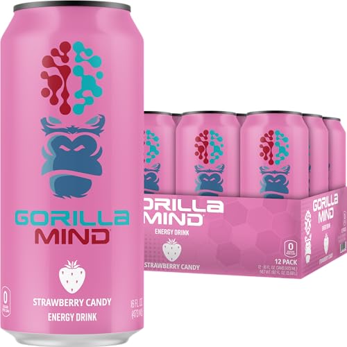 Gorilla Mind Energy Drink | Unmatched Energy · Amplified Focus | N-Acetyl-L-Tyrosine, Alpha-GPC, 200mg Caffeine, Uridine, Saffron | 0 Sugar Or Artificial Colors | 16oz, 12-Pack (Strawberry Candy) - Strawberry Candy