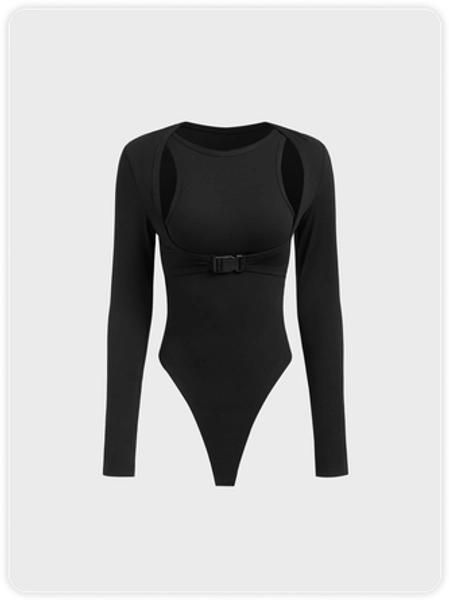 Cut Out Plain Long Sleeve Bodysuit