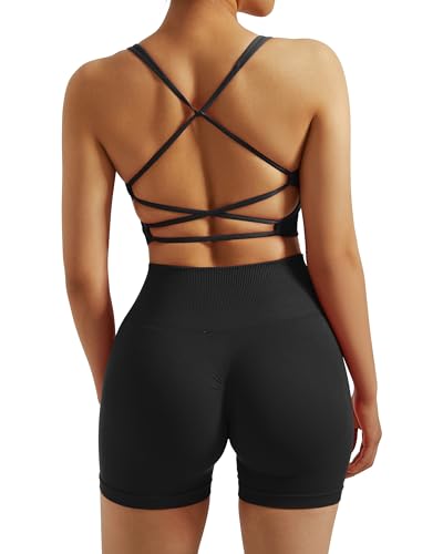 RXRXCOCO Seamless Workout Sets for Women 2 Piece Strappy Sports Bras Scrunch Butt Booty Shorts Matching Yoga Outfits - Medium - Black