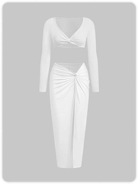 Twist Side Slit Plain Top With Skirt Two-Piece Set