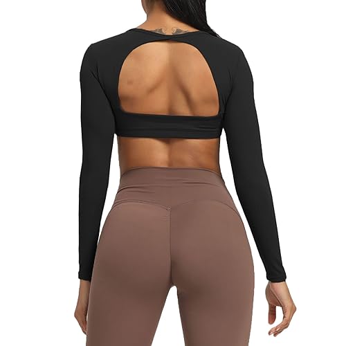 Aoxjox Long Sleeve Crop Tops for Women Clarissa Backless Workout Crop T Shirt Top - Medium - A Black