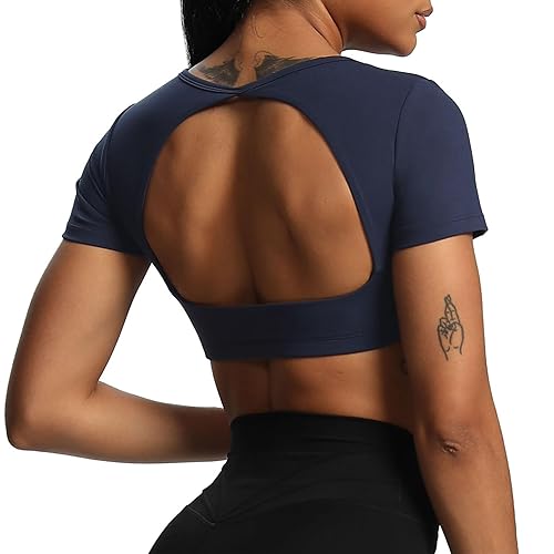 Aoxjox Short Sleeve Crop Tops for Women Clarissa Hollow Back Workout Crop T Shirt Top - Medium - Navy
