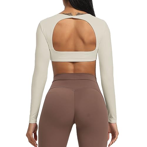 Aoxjox Long Sleeve Crop Tops for Women Clarissa Backless Workout Crop T Shirt Top - Medium - Mink