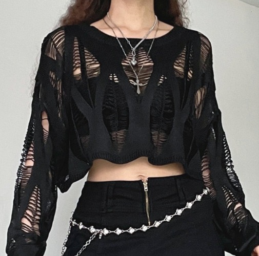 'Hollow' Black Goth Ripped 90's Grunge Long Sleeved Top - Black / L