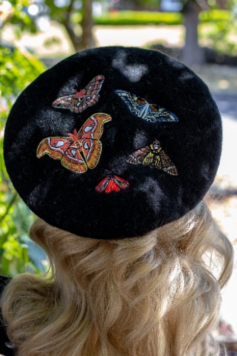 Goth Moths Embroidered Handmade Beret! *MADE TO ORDER* - Onyx