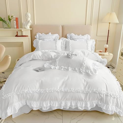 Girls Lace Bedding, Queen Comforter Cover Set, Chic Ruffled Duvet Cover with 2 Layers Ruffle,Princess Style 1 Duvet Cover with 2 Pillowcases, No Comforter-White,Queen Size - White - Queen