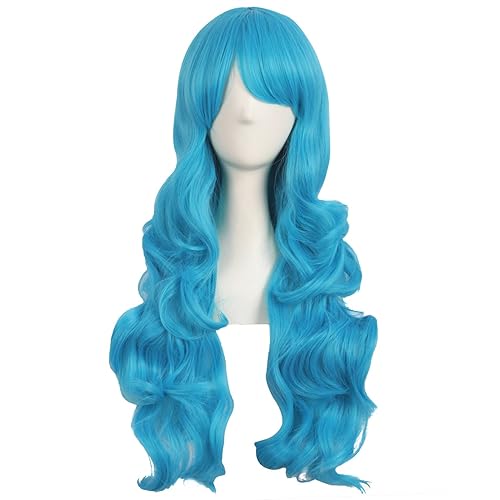 MapofBeauty 28 Inch/70cm Charming Women Side Bangs Long Curly Full Hair Synthetic Wig (Cyan Blue) - Cyan Blue