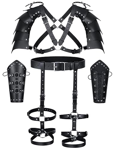 Medieval Knight PU Leather Leggings Corset Belt Shawl Renaissance Shoulder Cape Scarf Bracers Accessories - One Size - Type2