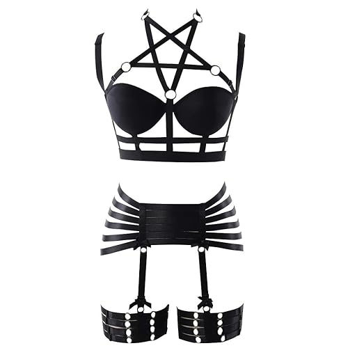 Womens Strappy Full Cage Body Harness Lingerie Garter Belt Set Elastic Hollow Tops Bralette Punk Gothic Festival Rave Wear - Black O0208 +P0126