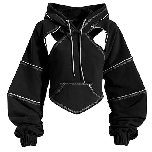 Pooyikoi Crop Hip Hop Hoodies Women Pullover Spring Autumn Cutout Backless Bandage Short Hooded Sweatshirt Tracksuit - Small - Black