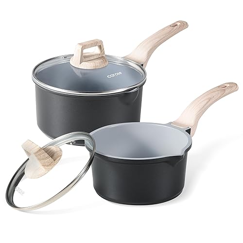 CAROTE 1.5Qt & 3.0Qt Sauce Pan Set with Lid Nonstick Ceramic Saucepan with Pour Spout 4 Pcs Sauce Pots Small Cooking Pots, PFOA FREE (Black) - Black/Gray - 1.5Qt+3.0Qt