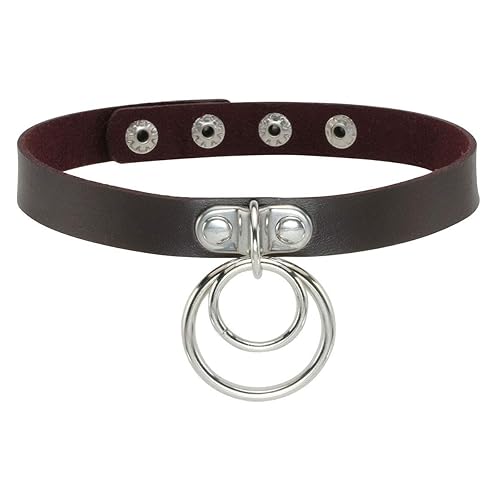 Eigso Double O-Rings PU Leather Punk Choker Necklace Goth Vintage Retro Snap-fastener Adjustable - Chocolate