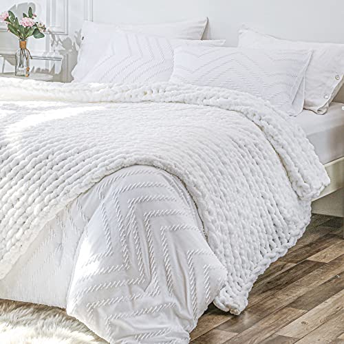 Chunky Knit Blanket Throw 40x60, Soft Chenille Yarn Knitted Throw Blanket, Chunky Chenille Blanket, Handmade Thick Cable Knit Throw, Plush Crochet Throw Blanket for Couch Bed Sofa (White) - White - 40"x60" (Medium Size Throw）