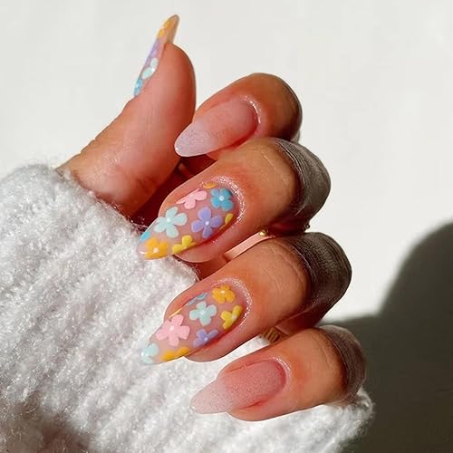24 Piezas Almendra Uñas Postizas Medianas, Francesa Flores de Colores Uñas Falsas Acrilicas Press on Nails, Cubierta Completa Artificiales Adhesivos de Uñas para Mujeres y Niñas - Flores de Colores