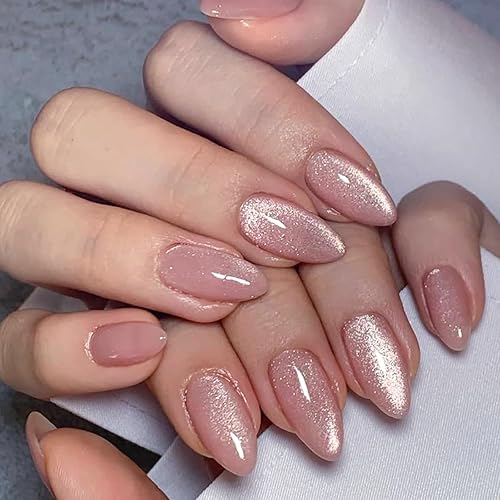 24 Piezas Uñas Postizas Cortas Almendra Francesas Rosa ojo de gato Press on Nails Uñas Falsas Naturales Cubierta Completa Artificiales Uñas Postizas Brillantes Natural Fake Nails para Mujeres Niñas - Rosa ojo de gato