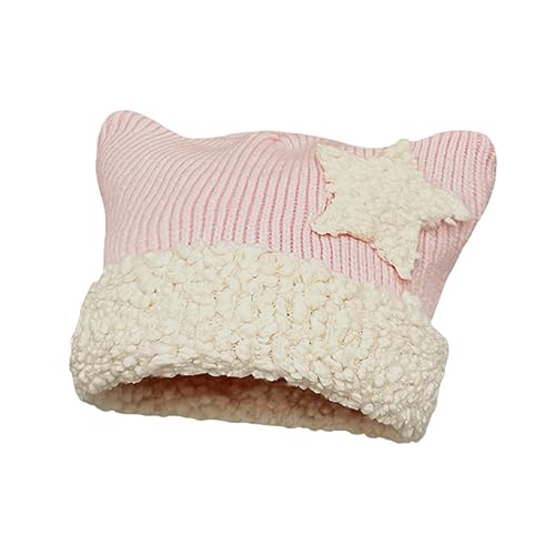 Cute Crochet Hat for Women Y2K Knit Hat Kawaii Beanie Cat Ear Grunge Fairy Slouchy Headgear Accessories - One Size - Pink-white