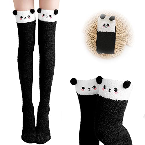 Kakveiai 1 Paar Damen Lange Socken, KuschelSocken Kniestrümpfe, Kuschel Overknee Strümpfe, Mädchen Kniestrümpfe, Panda Socken, Kuschel Süße warm, für Damen und Mädchen, Einheitsgröße - Einheitsgröße - Schwarz