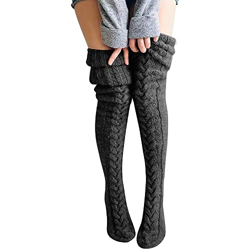 Damen Strümpfe Strick Overknee Socken Dicke Warme Überknie Kniestrümpfe Trachtenstrümpfe Grobstrick Wintersocken Thermosocken Lange Weihnachtssocken Kuschelsocken für Frauen - Einheitsgröße - Tiefgrau
