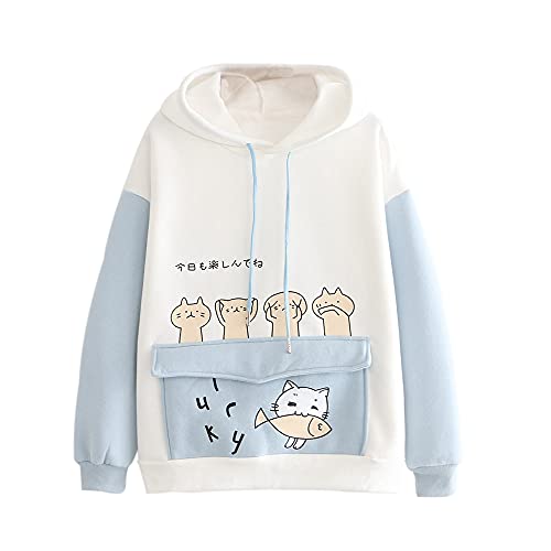 xHxttL Frauen Cute Bunny Ear Hoodie Fuzzy Fluffy Rabbit Sweater Sweatshirt Pullover Tops Langarm Kawaii Jacke Mäntel Katzen Print Hoodies Katzenohr Pullover Dünne Hoodie Tops - L - C-blue