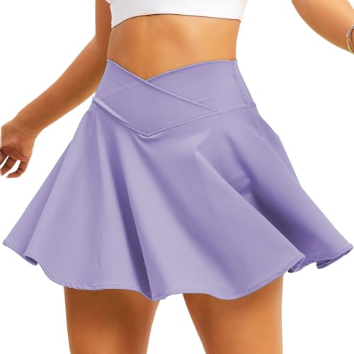 TZLDN Tennis Skort - Damen Sport Rock mit Shorts Laufrock Minirock Tennisrock Hosenrock Sommerrock Skirt Outdoor Workout Running - A03 Helles Lila - M