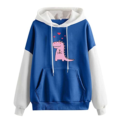 Hoodie Damen Sweatshirt mit Kapuze Japanischen Stil Kawaii Karikatur Kapuzenpullover Mädchen Herbst Winter Pullover Reisen Tägliche Langarm Dinosaurier Cute Casual Pulli Sports Oberteile Taschen - S - 15-blau