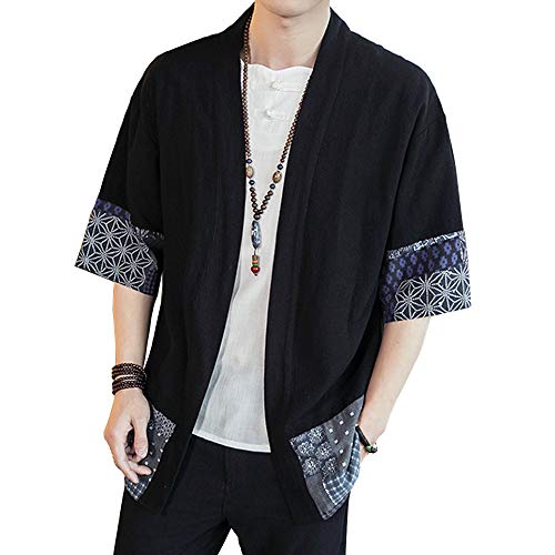 HAORUN Men Japanese Short Sleeve Kimono Cardigan Coat Loose Jacket Top - black - X-Small