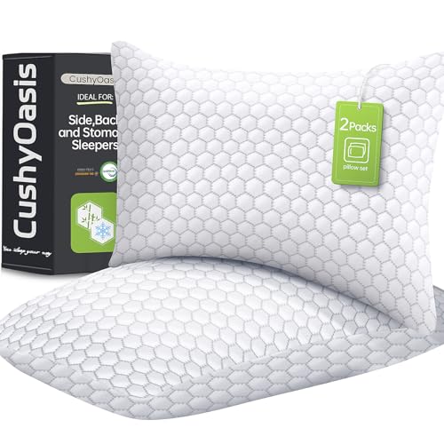 CushyOasis Shredded Memory Foam Pillow for Sleeping, Cooling Bed Pillows Set of 2, Adjustable Pillows for Side, Back, Stomach Sleepers with Washable Pillowcase (Queen Size, Grey) - Grey - Queen Size