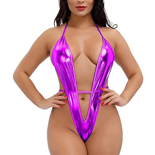 Taube Women Teddy Deep V Halter Lingerie Sleeveless Sling Tops Satin Bodysuit Corset Bodysuit Top - Purple