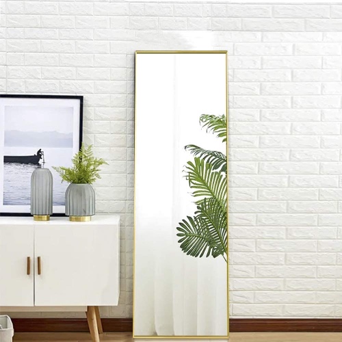 Full Length Mirror Floor Mirror Hanging Standing or Leaning, Bedroom Mirror Wall-Mounted Mirror with Gold Aluminum Alloy Frame, 59" x 15.7" - W66227715