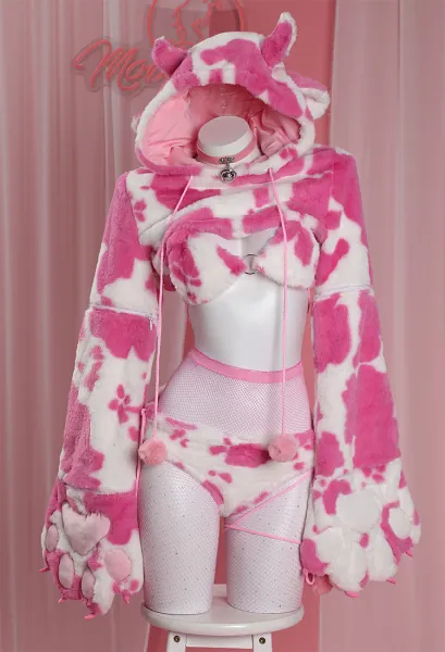 Sexy Lingerie Set Cow Print Plush Bra and Panty with Short Hoodie and Stockings