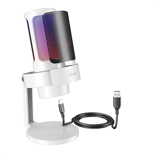 FIFINE USB PC Microphone Gaming for Streaming, Condensator, RGB, Mute button, Anti-Pop Filter - white