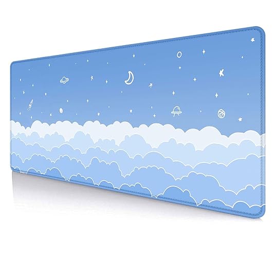 LTHAOGUO Nice light blue mousepad, Kawaii Anime Gaming mousepad with pastel clouds, stars and moon, mint white minimalist mousepad, XL, 80 x 30 cm - Light blue clouds