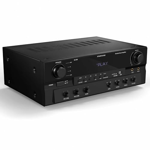 Starfavor Bluetooth Stereo Receiver w Phono Inputs, 2.1 Channel 500W Peak Power Home Audio receivers amplifiers for Speakers w Subout,RCA in,USB,SD,FM,2 MIC in Echo and Headphone Jack KA-500