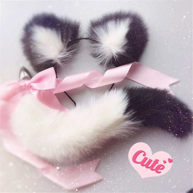 Luxury Neko Tail & Ear Sets - white & black