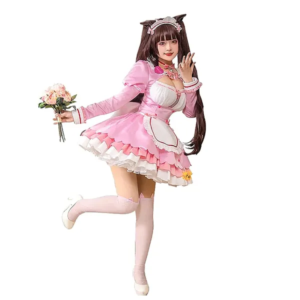Halloween NEKOPARA Chocolate Vanilla Lady Cosplay Pink Apron Lady Maid Cat Set Anime Party Costume